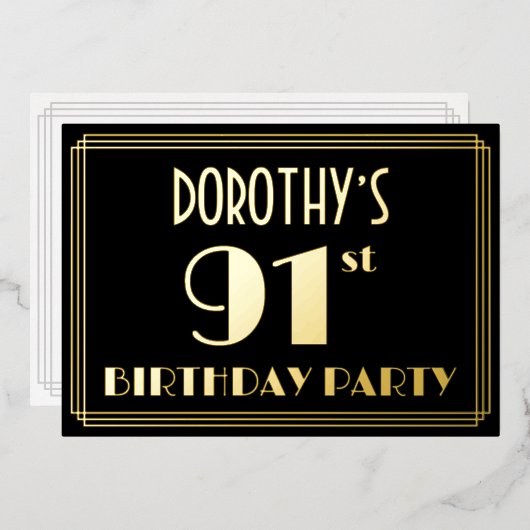 91ste verjaardagsfeest: Art Deco Look “91”, met na Folie Uitnodiging (Voorkant / Achterkant)
