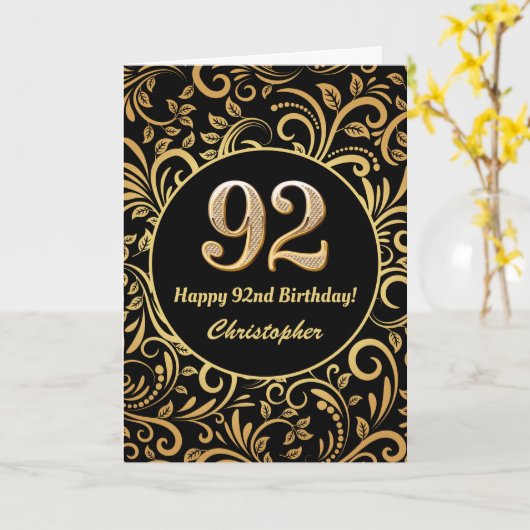 92e Birthday Black en Gold Floral Pattern Kaart (Gele Bloem)