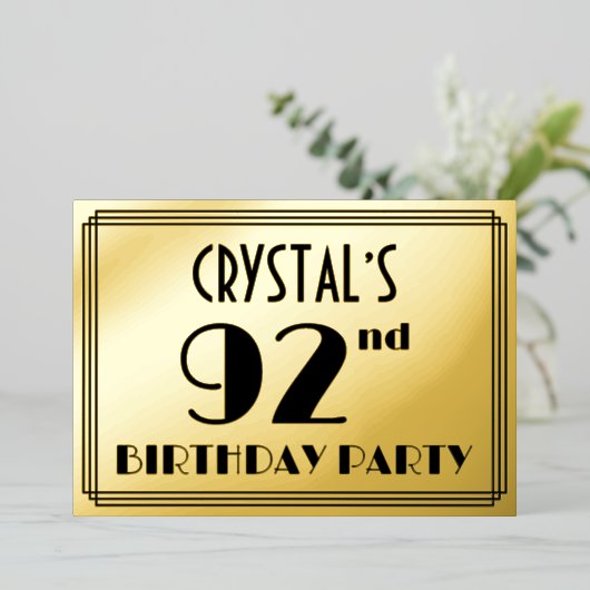 92e verjaardag — Art Deco look "92" + Naam Folie Uitnodiging (Staand Voorkant)