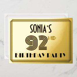 92e verjaardag — Art Deco Style "92" en naam Folie Uitnodiging
