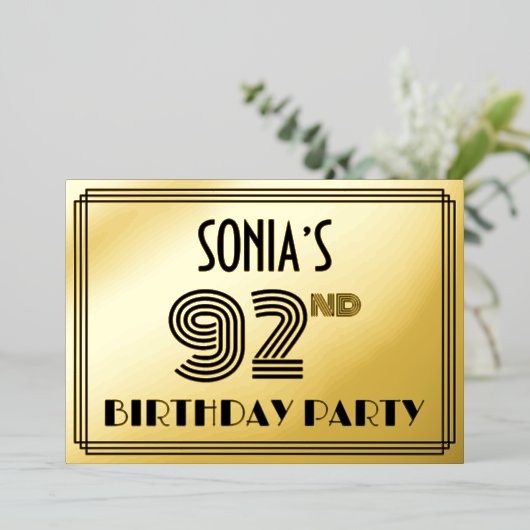 92e verjaardag — Art Deco Style "92" en naam Folie Uitnodiging (Staand Voorkant)