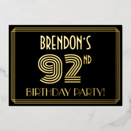 92e verjaardag — Art Deco Style "92" + Naam Folie Uitnodiging