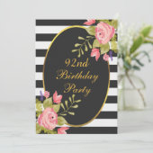 92e Verjaardag Bloemen Zwart Witte Strepen Gouden  Kaart (Staand voorkant)