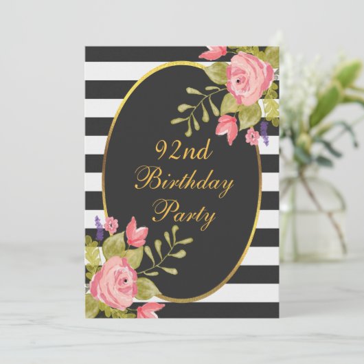 92e Verjaardag Bloemen Zwart Witte Strepen Gouden  Kaart (Staand voorkant)