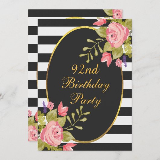 92e Verjaardag Bloemen Zwart Witte Strepen Gouden Kaart (Voorkant / Achterkant)
