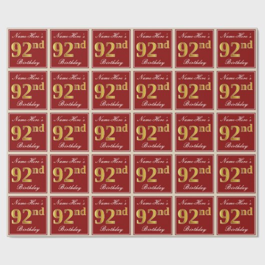 92e verjaardag Elegant, Red, Faux Gold; Naam op ma Cadeaupapier (Vlak)
