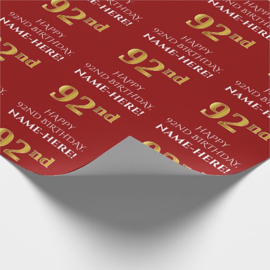 92e verjaardag: Elegant, rood, Faux Gold look Cadeaupapier (Hoek)