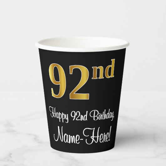 92e verjaardag - Elegante luxe Faux Gold look # Papieren Bekers (Voorkant)