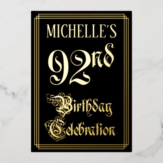 92e verjaardag — Fancy script en aangepaste naam Folie Uitnodiging (Voorkant)
