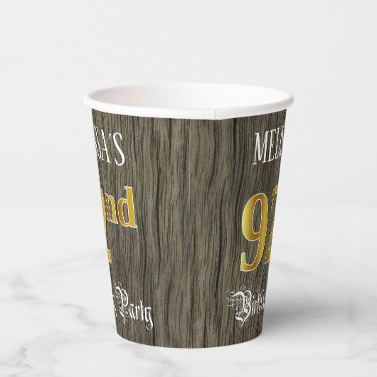 92e verjaardag - Faux Gold & Faux Wood Ziet er uit Papieren Bekers (Rechts)
