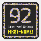 92e verjaardag: Floral Flowers Number, Custom Name Vierkante Sticker (Voorkant)