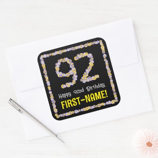 92e verjaardag: Floral Flowers Number, Custom Name Vierkante Sticker (Envelop)