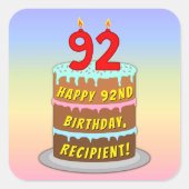 92e verjaardag: Fun Cake and Candles + Custom Name Vierkante Sticker (Voorkant)