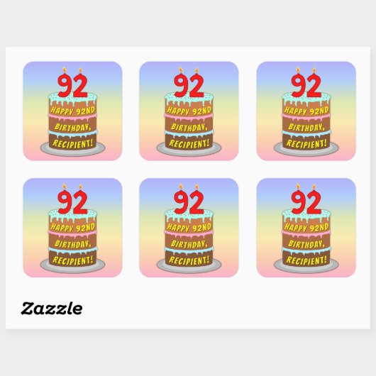 92e verjaardag: Fun Cake and Candles + Custom Name Vierkante Sticker (Vel)