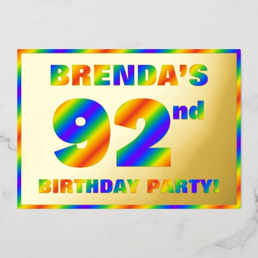 92e verjaardag - Fun, regenboogspectrum "92" Folie Uitnodiging (Voorkant)