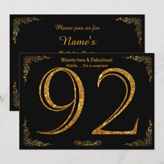 92e verjaardag,Gatsby styl,zwarte goudglitter Kaart (Voorkant / Achterkant)