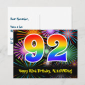 92e Verjaardag – Leuke Vuurwerk Patroon + Regenboo Briefkaart (Voorkant / Achterkant)