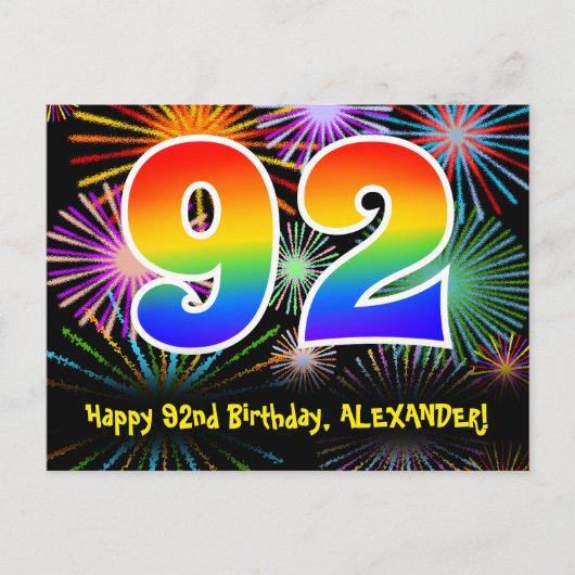 92e Verjaardag – Leuke Vuurwerk Patroon + Regenboo Briefkaart (Voorkant)