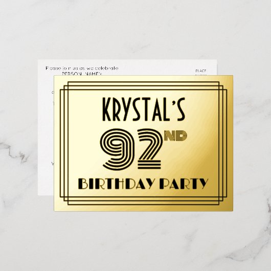 92e verjaardag partij ~ Art Deco Style "92" + naam Folie Uitnodiging Briefkaart (Voorkant / Achterkant)