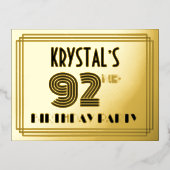 92e verjaardag partij ~ Art Deco Style "92" + naam Folie Uitnodiging Briefkaart (Voorkant)