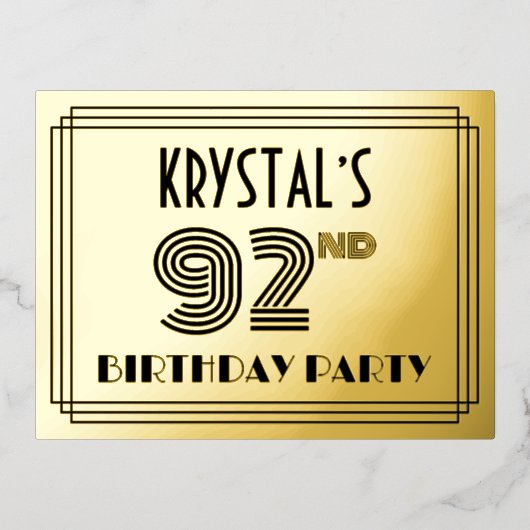 92e verjaardag partij ~ Art Deco Style "92" + naam Folie Uitnodiging Briefkaart (Voorkant)