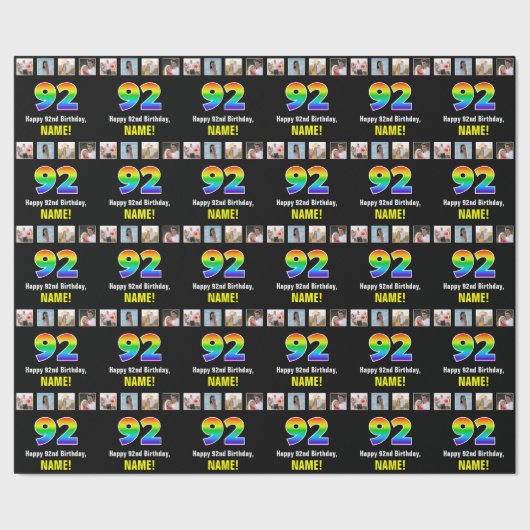 92e verjaardag: Regenboog "92"; Aangepaste foto's  Cadeaupapier (Zoom)