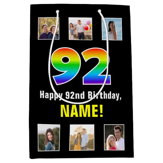 92e verjaardag: Regenboog "92", aangepaste foto's  Medium Cadeauzakje (Voorkant)