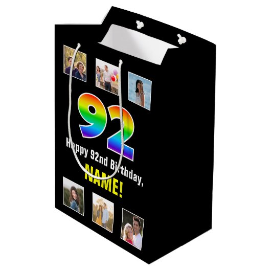 92e verjaardag: Regenboog "92", aangepaste foto's  Medium Cadeauzakje (Achterkant Gekanteld)