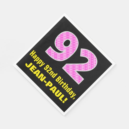 92e verjaardag: Roze strepen en harten "92" + Naam Servet (Hoek)