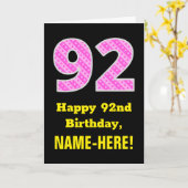 92e verjaardag: Roze strips en harten "92" + Naam Kaart (Gele Bloem)