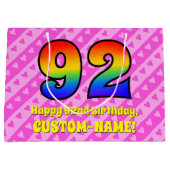 92e verjaardag: roze strips & harten, regenboognr. groot cadeauzakje (Voorkant)