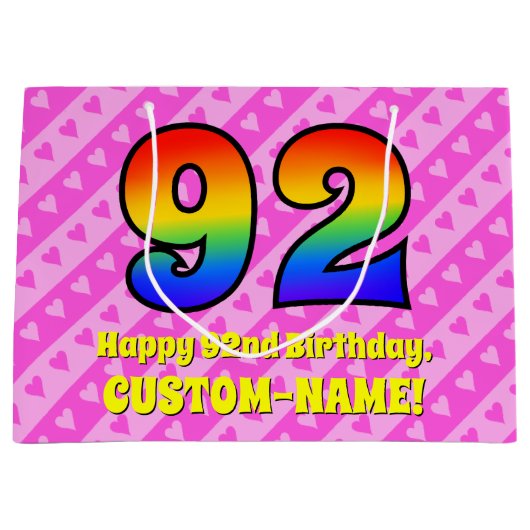 92e verjaardag: roze strips & harten, regenboognr. groot cadeauzakje (Voorkant)