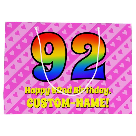 92e verjaardag: roze strips & harten, regenboognr. groot cadeauzakje (Achterkant)