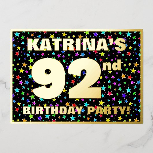 92e verjaardag van de Vreugde - Fun, kleurrijk ste Folie Uitnodiging (Voorkant)
