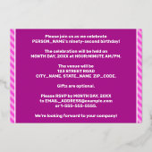 92e verjaardag — Vet, vuurtje, roze band # 92 Folie Uitnodiging (Achterkant)