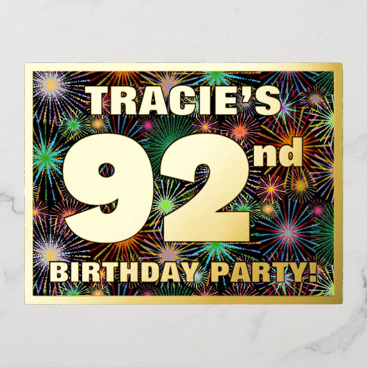 92e verjaardag: Vette, kleurrijke Fireworks-look Folie Uitnodiging Briefkaart (Voorkant)