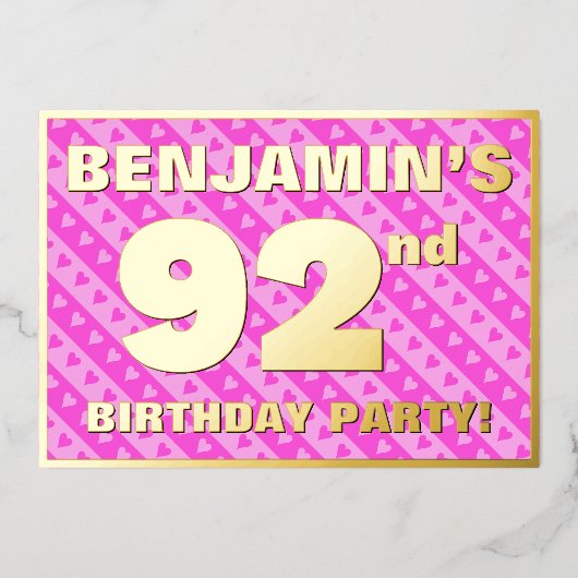 92e verjaardag - vuurroze harten en strips folie uitnodiging (Voorkant)