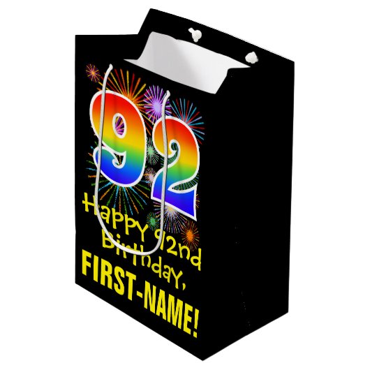 92e verjaardag: Vuurwerk Fun Pattern + Regenboog 9 Medium Cadeauzakje (Voorkant Gekanteld)