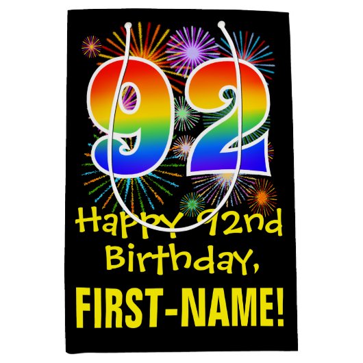 92e verjaardag: Vuurwerk Fun Pattern + Regenboog 9 Medium Cadeauzakje (Voorkant)