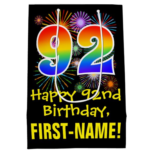 92e verjaardag: Vuurwerk Fun Pattern + Regenboog 9 Medium Cadeauzakje (Achterkant)