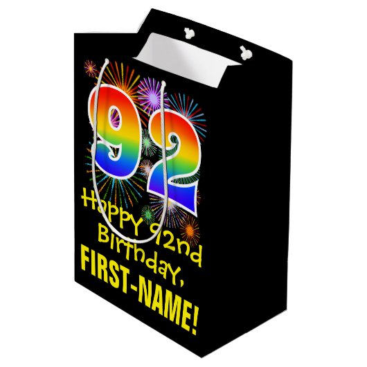 92e verjaardag: Vuurwerk Fun Pattern + Regenboog 9 Medium Cadeauzakje (Achterkant Gekanteld)