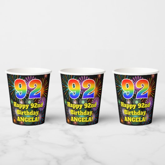 92e verjaardag: Vuurwerk Fun Pattern + Regenboog 9 Papieren Bekers (Multi)