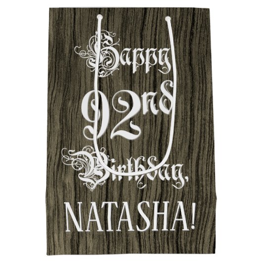 92nd Birthday: Fancy, Faux Wood Look + Custom Name Medium Cadeauzakje (Achterkant)
