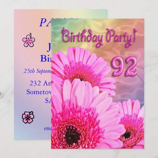 92nd Birthday party uitnodiging with pink flowers (Voorkant / Achterkant)
