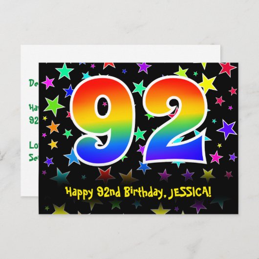 92ste verjaardag: Fun Stars Pattern, Rainbow 92, N Briefkaart (Voorkant / Achterkant)