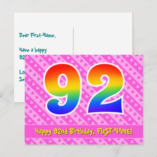 92ste verjaardag: Roze strepen & harten, Regenboog Briefkaart (Voorkant / Achterkant)
