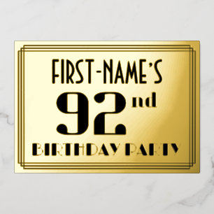 92ste verjaardagsfeest: Art Deco-look “92” en naam Folie Uitnodiging