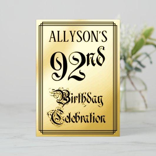 92ste verjaardagsfeest — Elegante script + aangepa Folie Uitnodiging (Staand Voorkant)