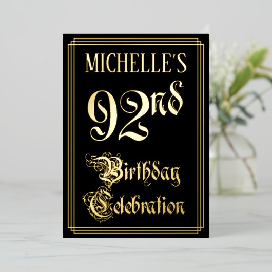 92ste verjaardagsfeest — Fancy Script & Aangepaste Folie Uitnodiging (Staand Voorkant)
