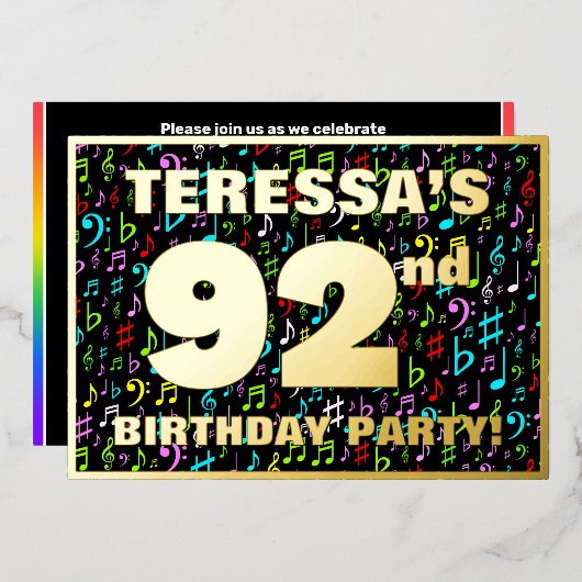92ste verveegfeest — Mooie, Kleurrijke Muziek Symb Folie Uitnodiging (Voorkant / Achterkant)